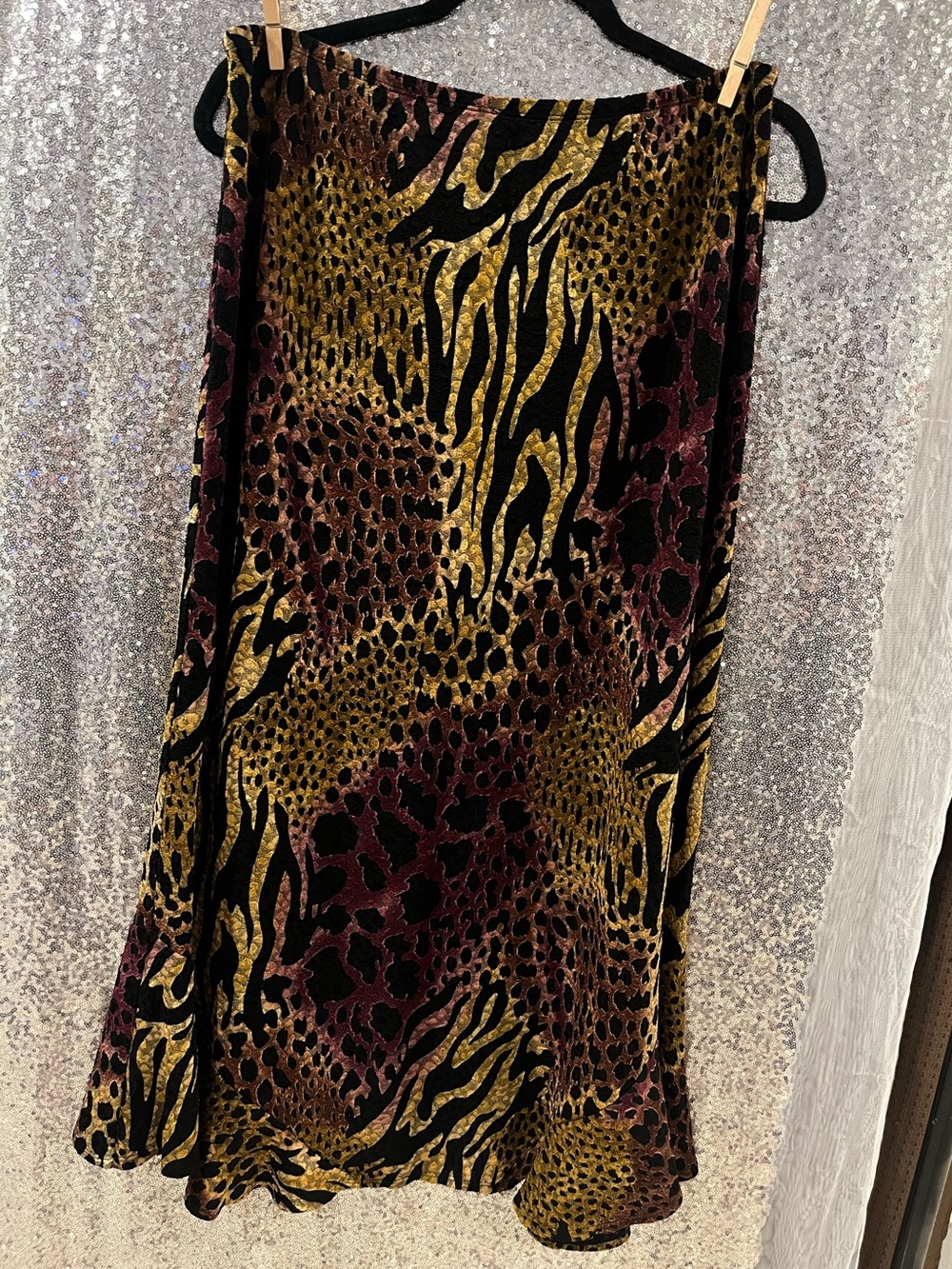 Women's Midi Skirt in Black, Gold & Burgundy Animal Print